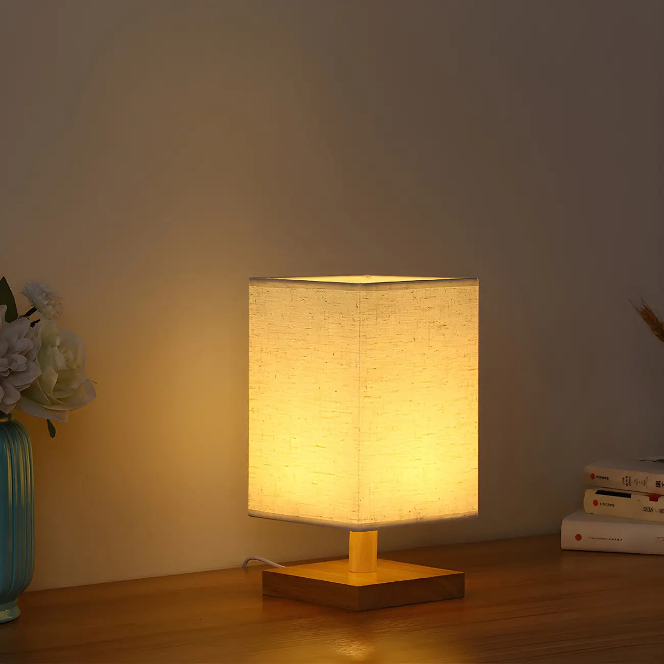 Rustic Rectangle Wooden Table Lamp for Bedroom