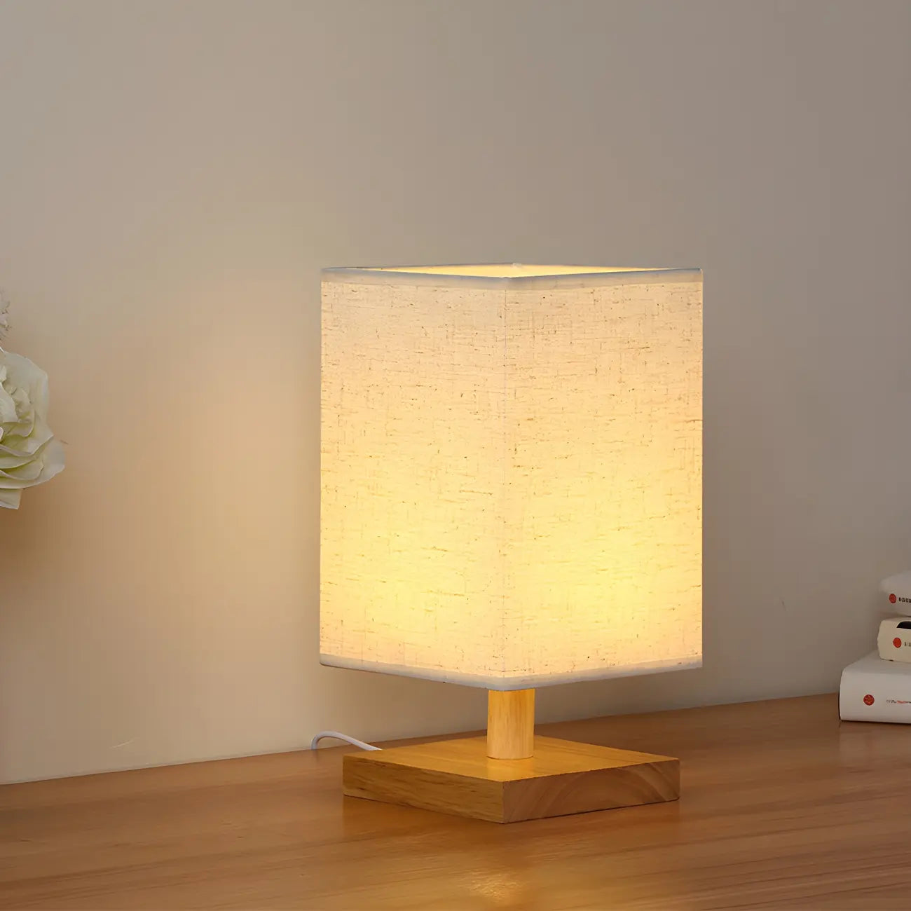 Rustic Rectangle Wooden Table Lamp for Bedroom
