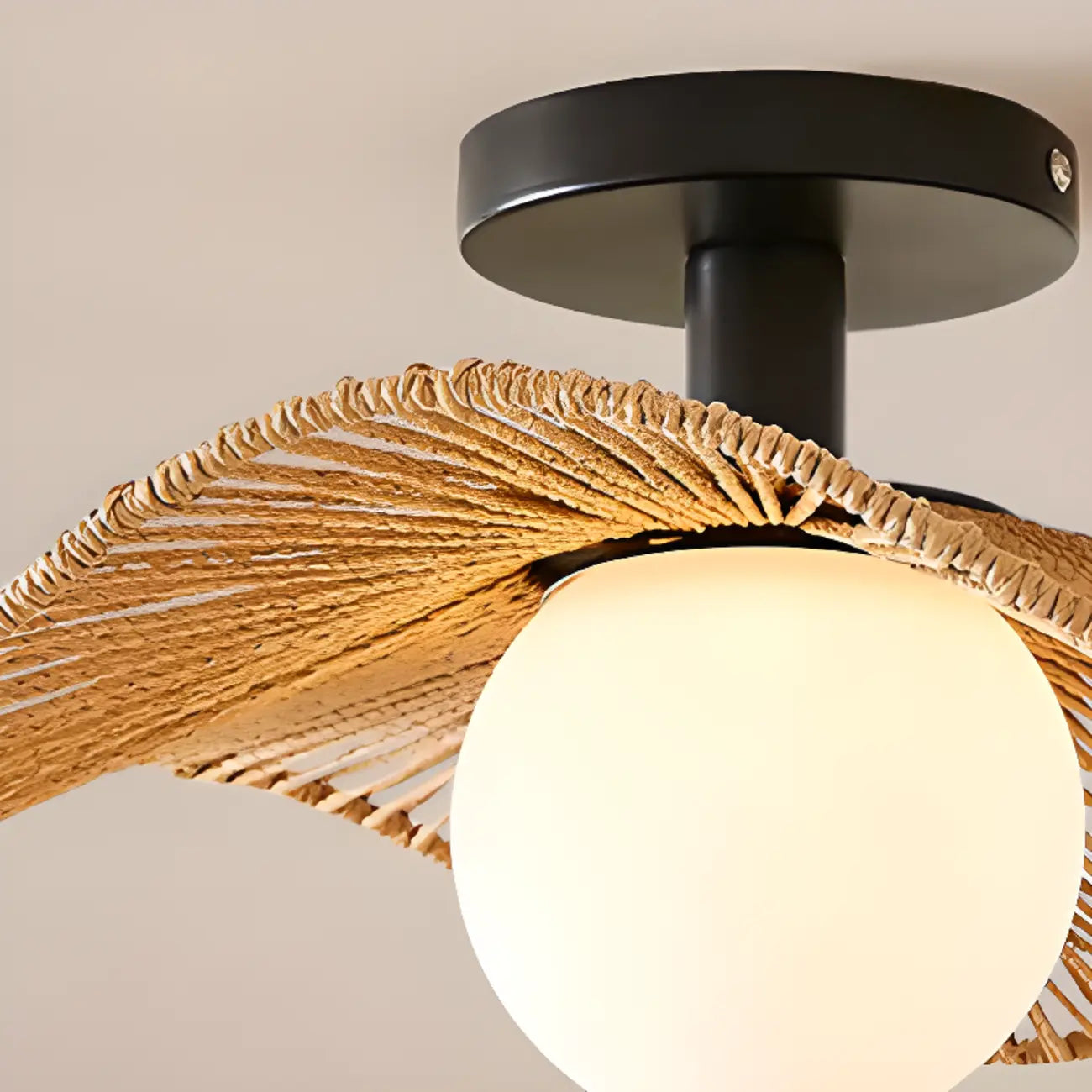 Oriental LED Semi-Flush Ceiling Light with Rattan Shade