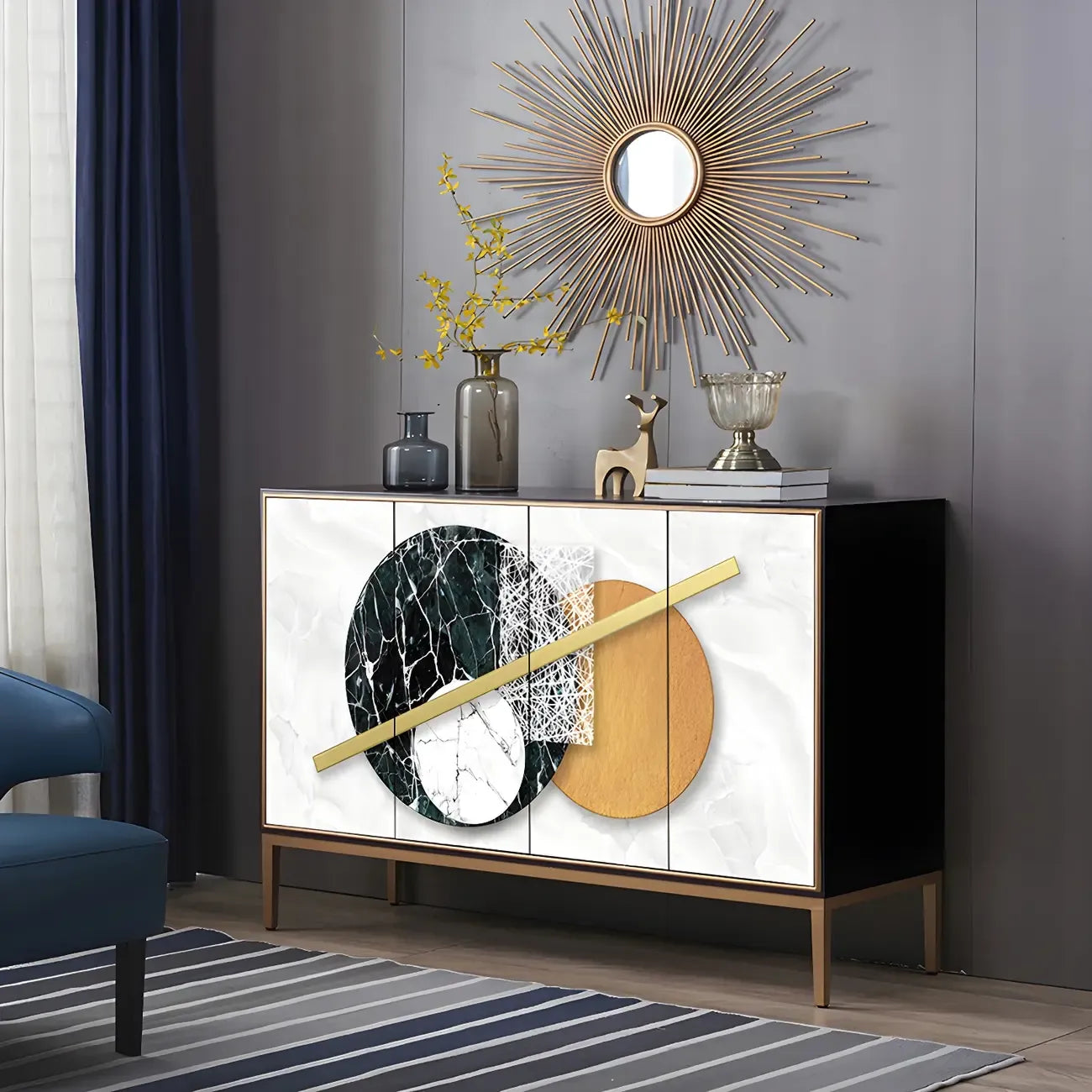 Contemporary White Wooden Sideboard with Gold Accents
