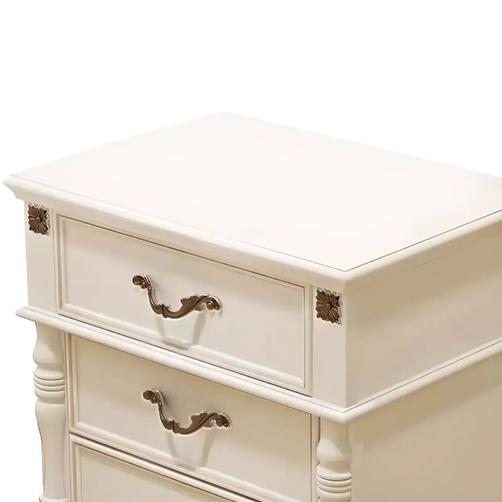 Elegant White Wood Bedside Table with 3 Storage Drawers