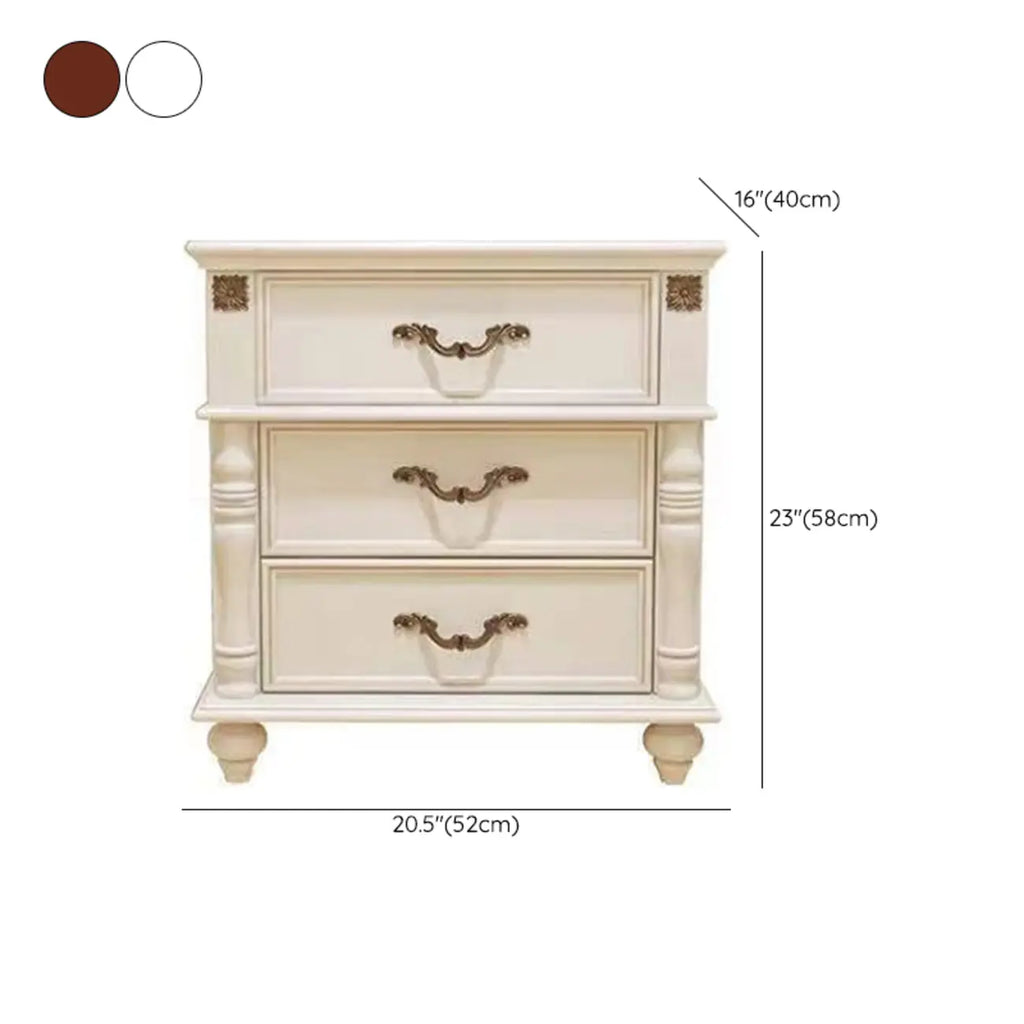 Elegant White Wood Bedside Table with 3 Storage Drawers