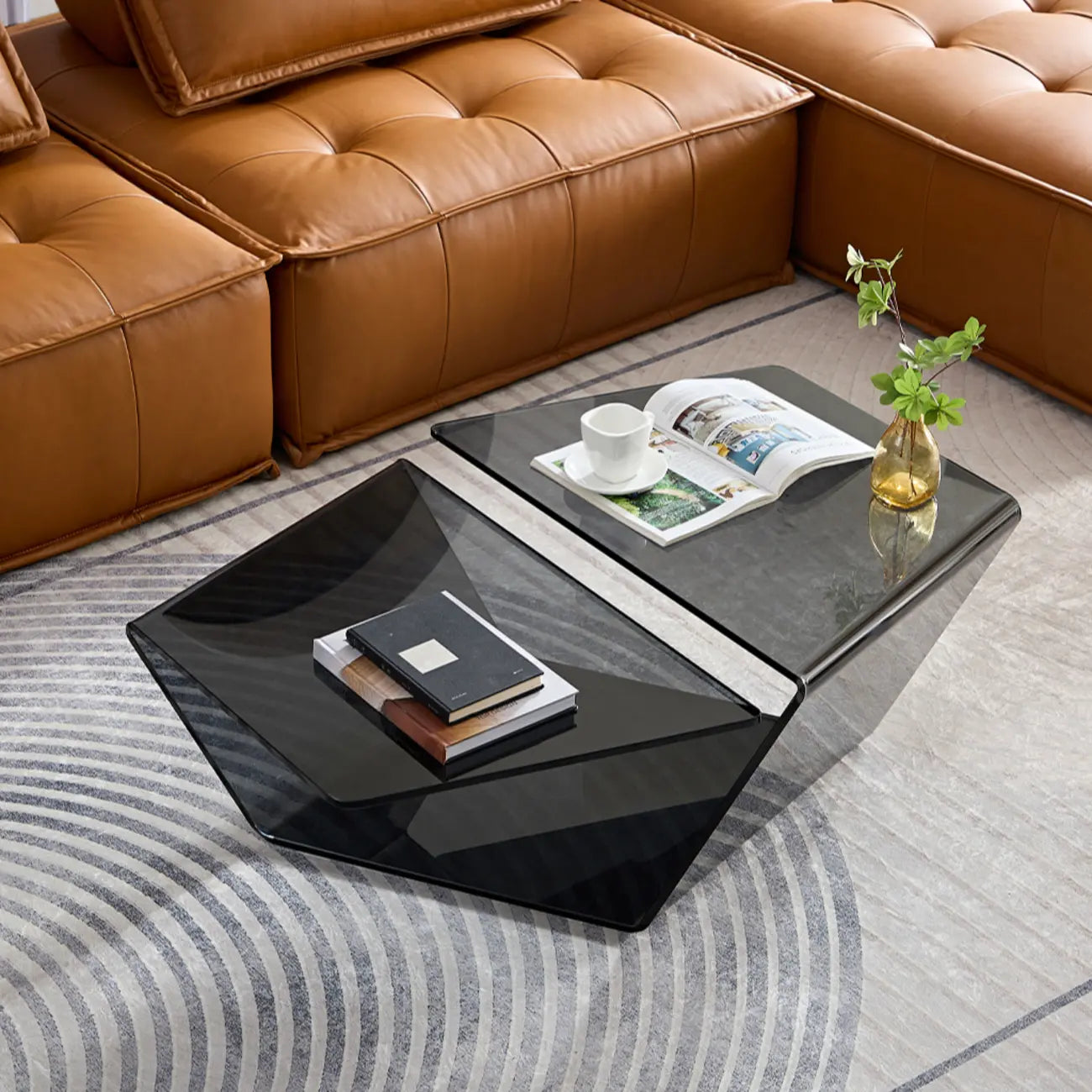 Modern Glass Black Geometric Coffee Table with Free Form
