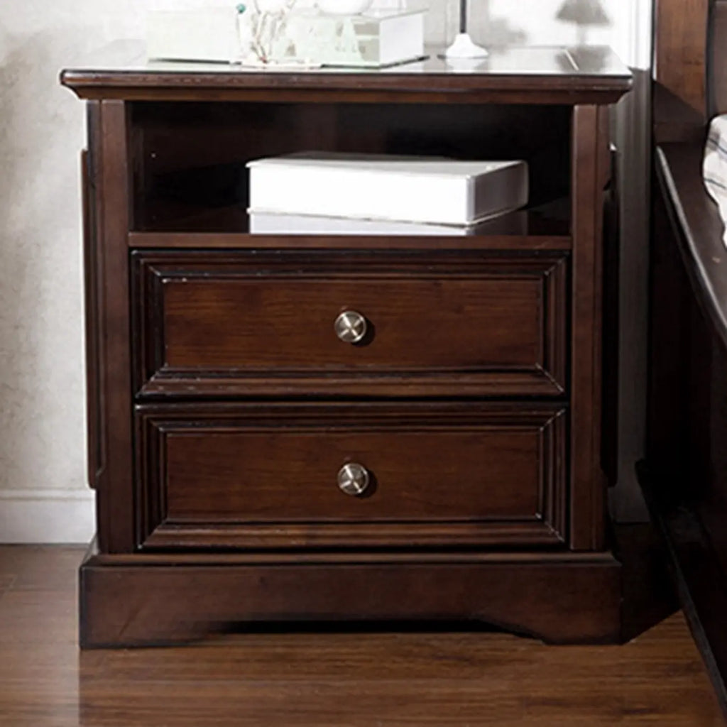 Traditional Brown Wood Nightstand with Drawers and Open Storage