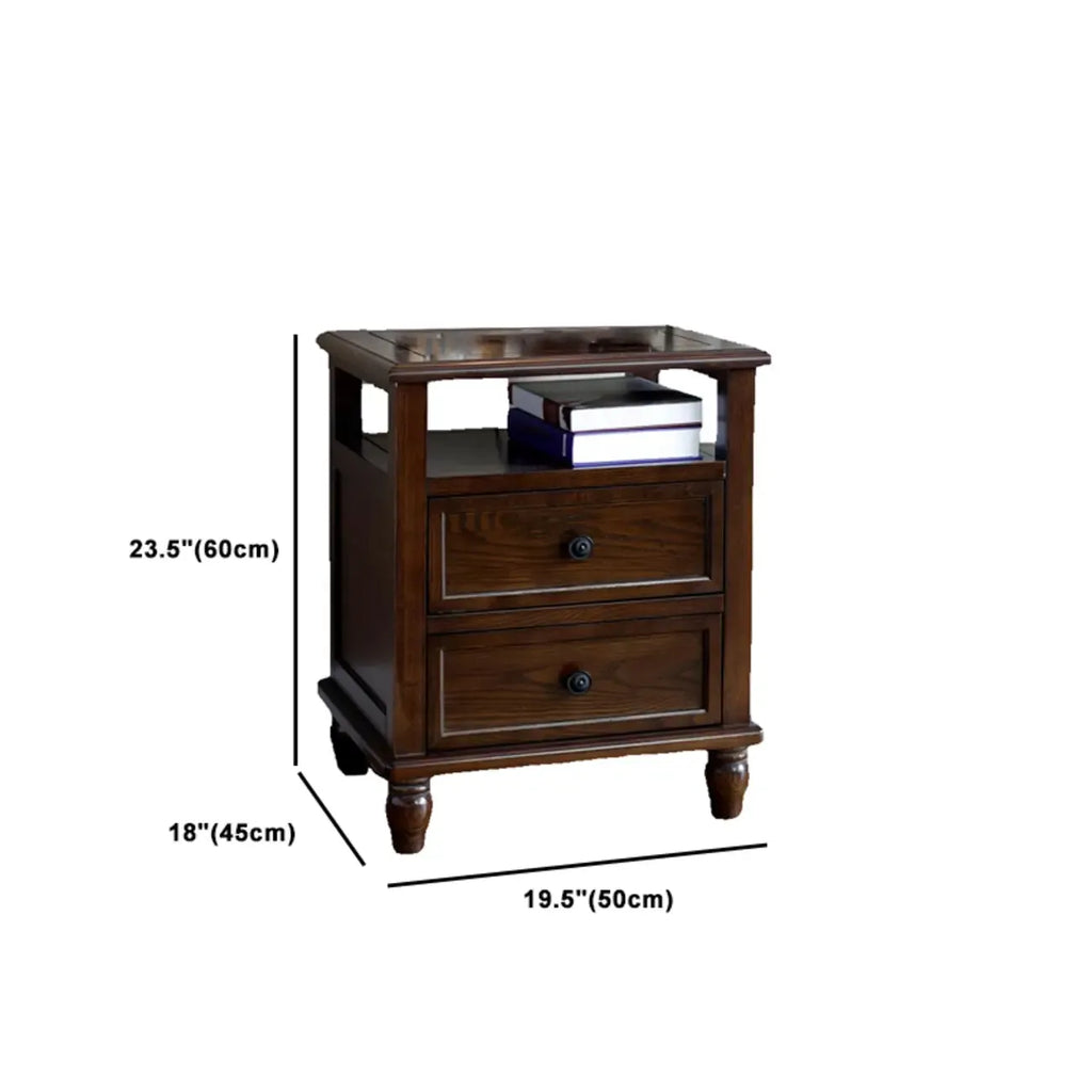 Traditional Brown Wood Nightstand with Drawers and Open Storage
