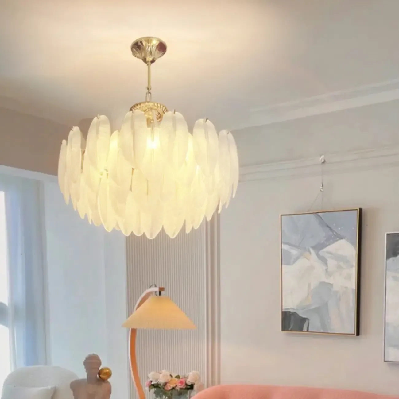 Vintage Crystal Chandelier with Glass Feather Lampshade
