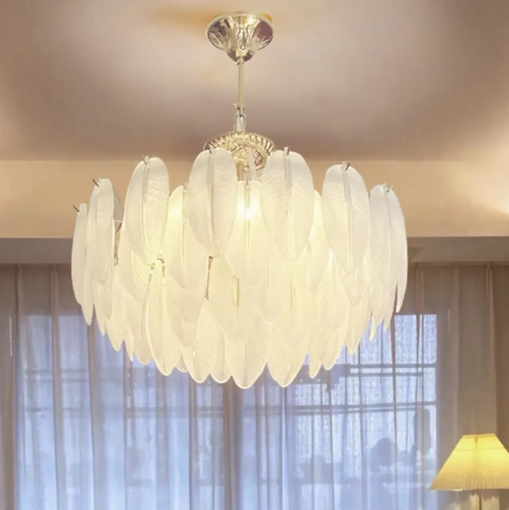 Vintage Crystal Chandelier with Glass Feather Lampshade
