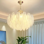 Vintage Crystal Chandelier with Glass Feather Lampshade