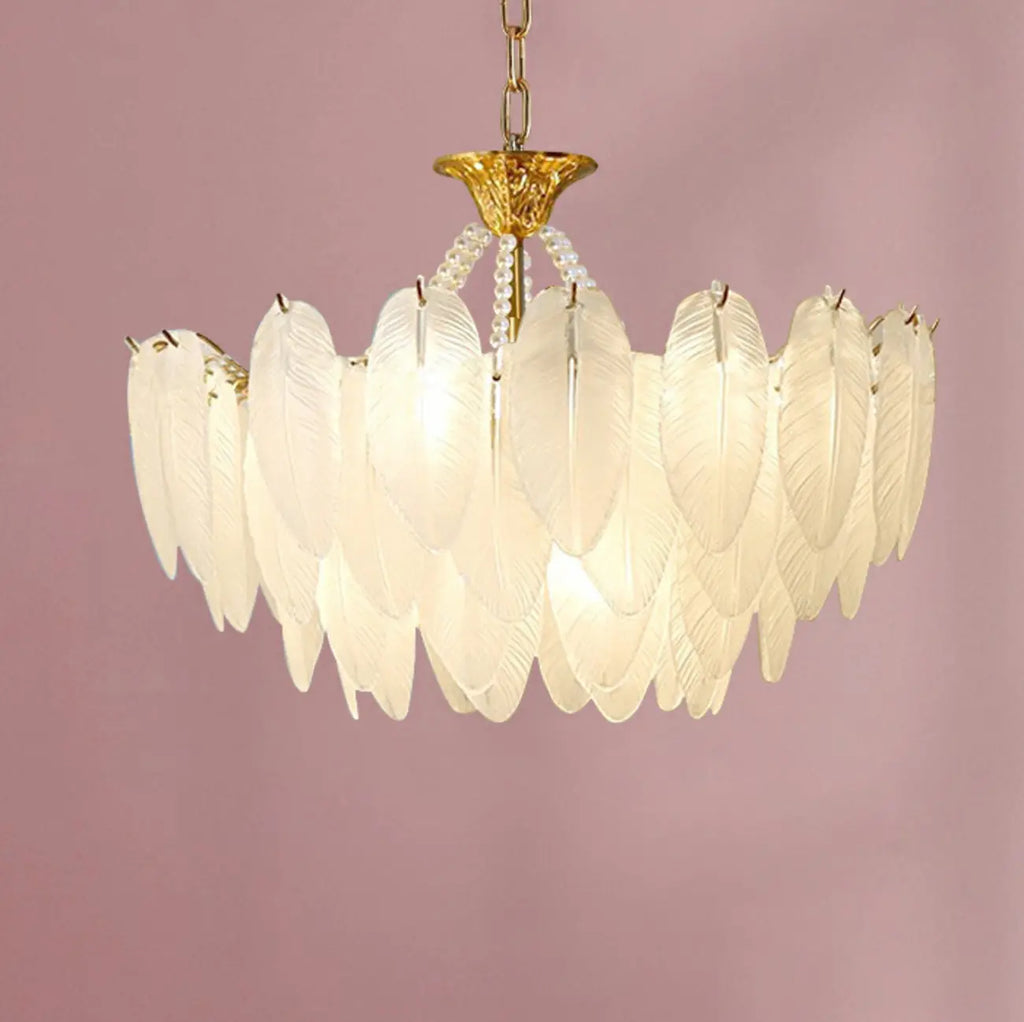 Vintage Crystal Chandelier with Glass Feather Lampshade