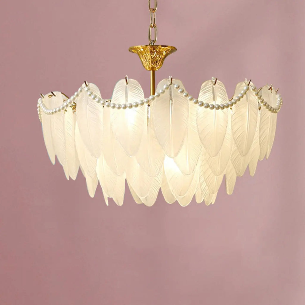 Vintage Crystal Chandelier with Glass Feather Lampshade