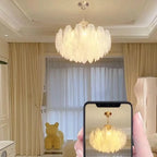 Vintage Crystal Chandelier with Glass Feather Lampshade