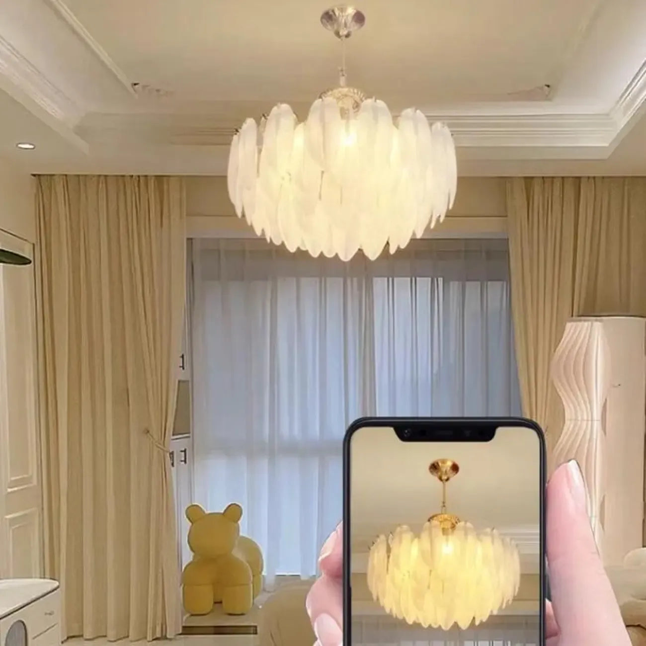 Vintage Crystal Chandelier with Glass Feather Lampshade