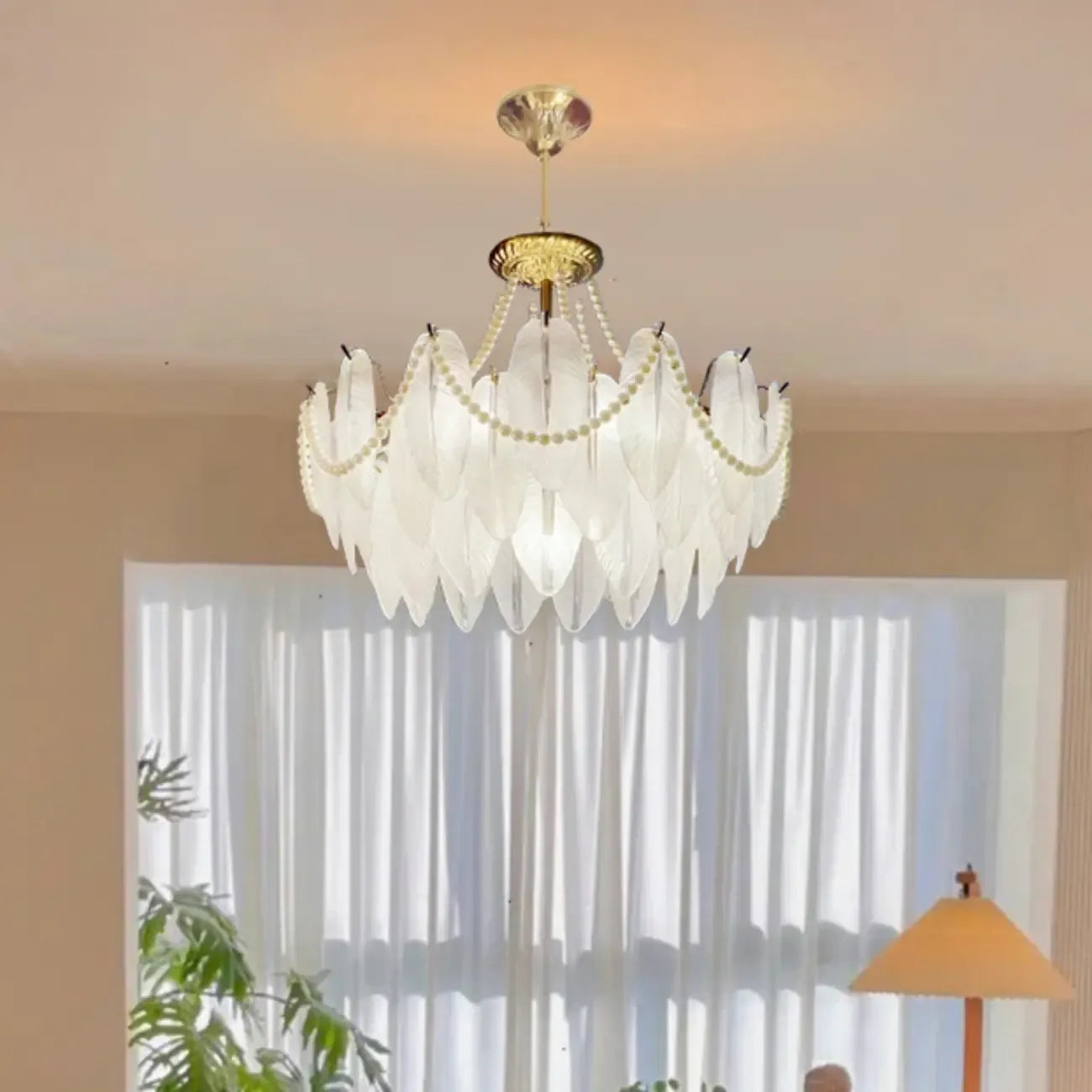 Vintage Crystal Chandelier with Glass Feather Lampshade