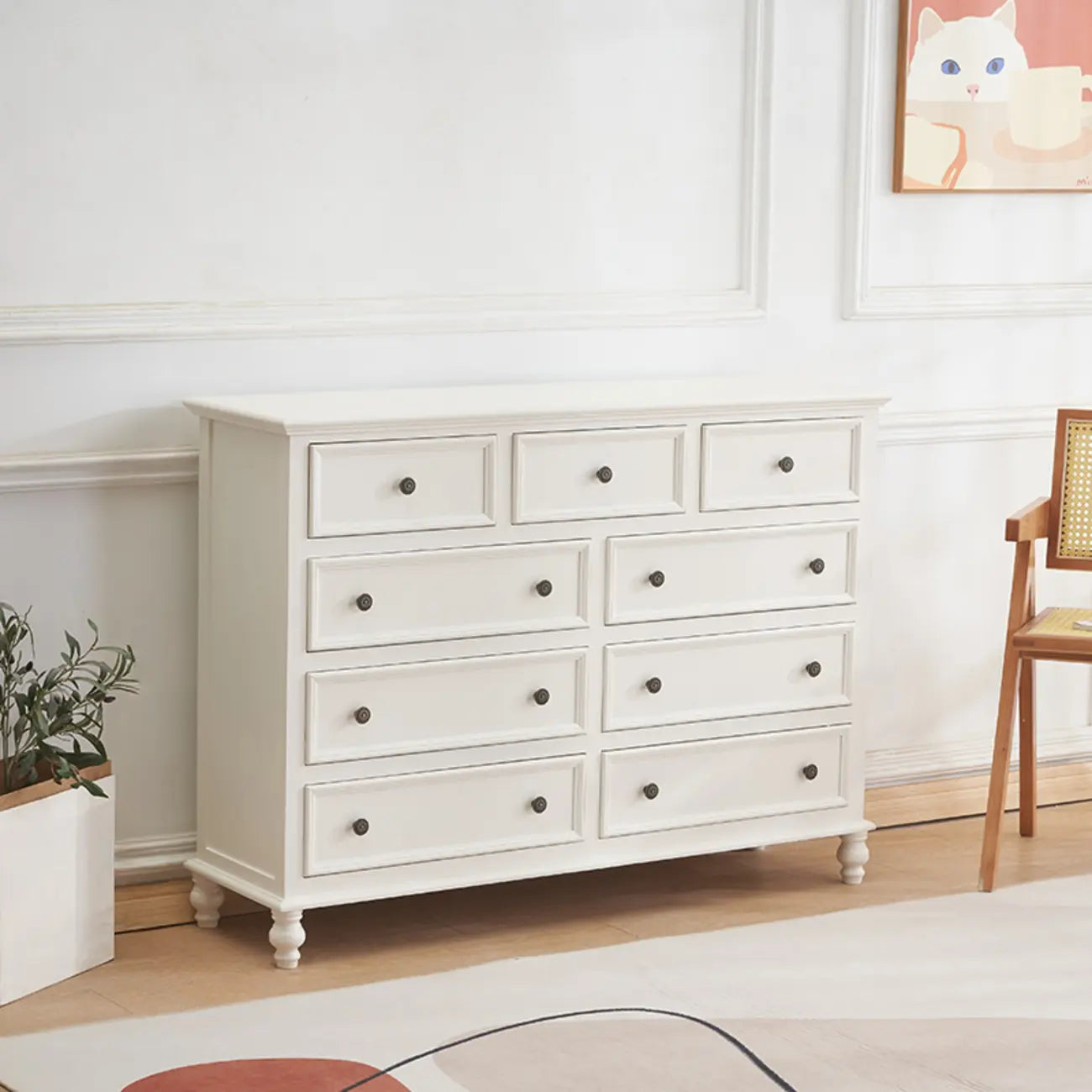 Stylish White Wooden Chest with 9-Drawers for Bedroom