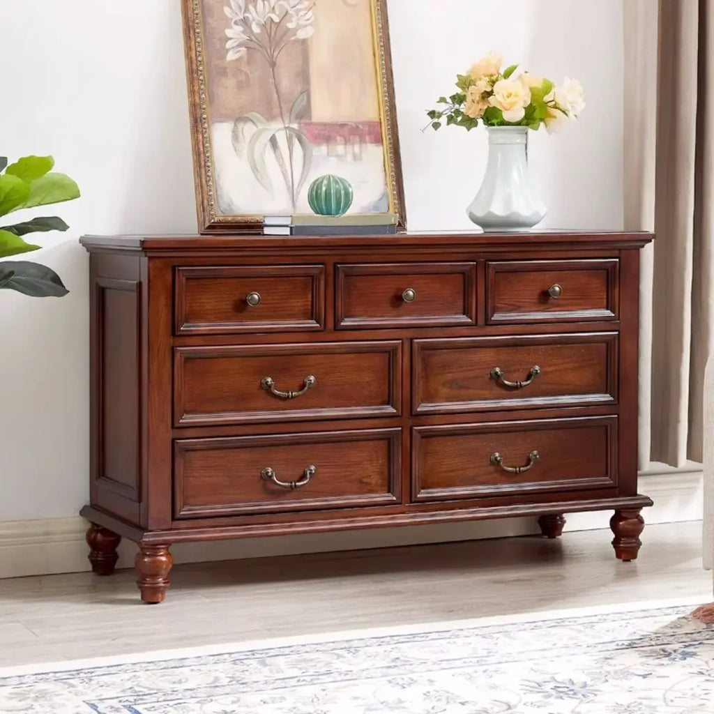 Traditional Brown Bronze Handle Wood 7-Drawer Dresser