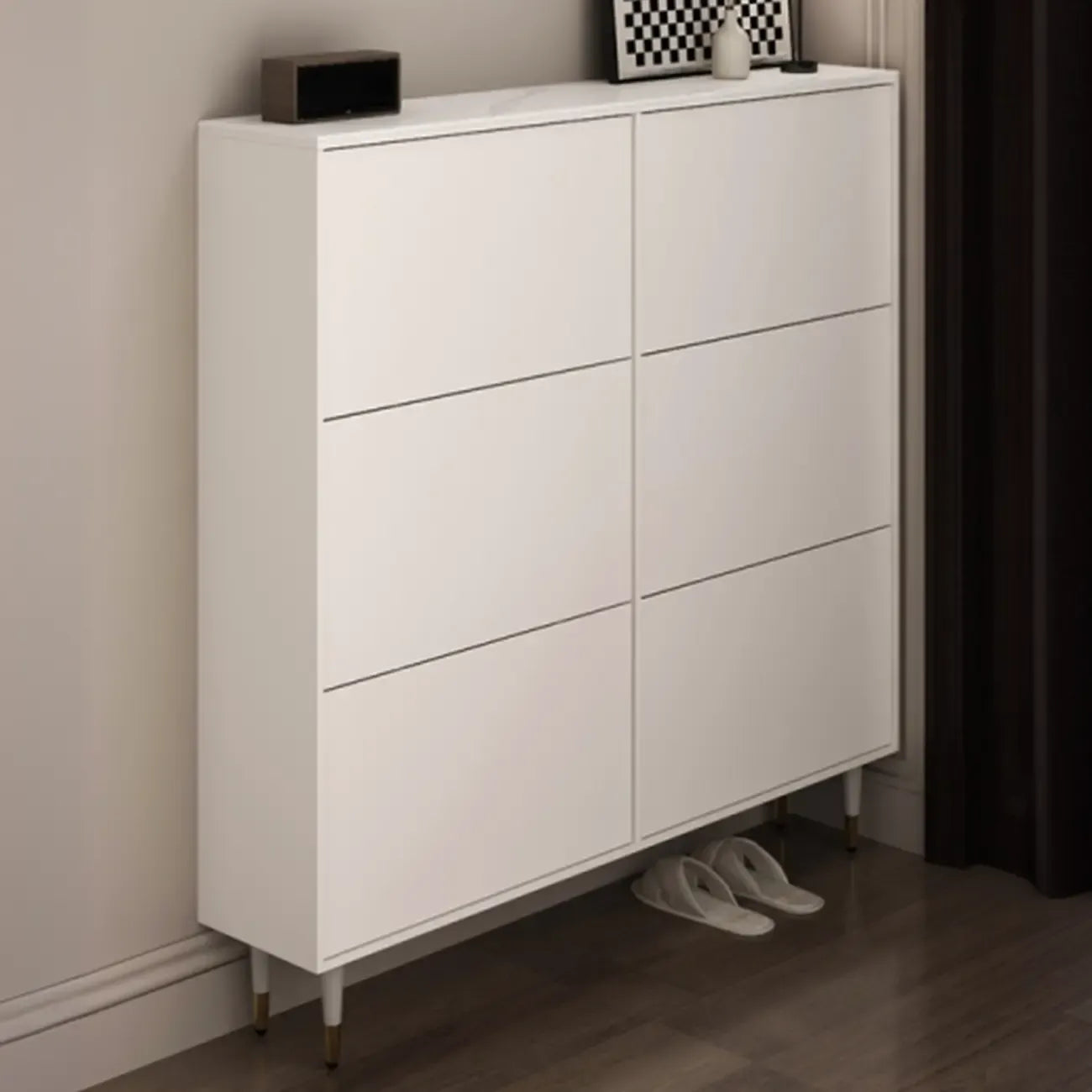 Modern White Wood Entryway Drop-Front Shoe Cabinet