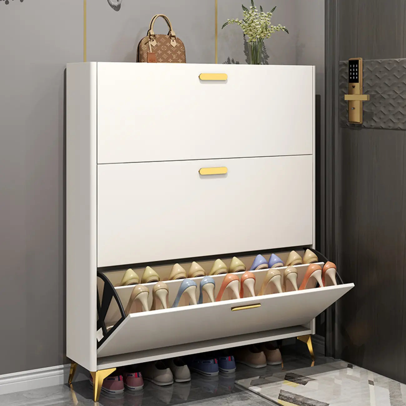 Grey/White Wood Hidden Storage Shoe Cabinet for Entryway