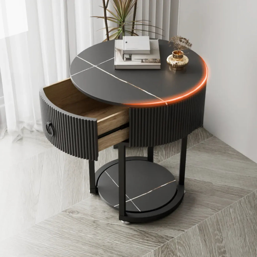 Modern Round Marble End Table with Storage and Metal Legs
