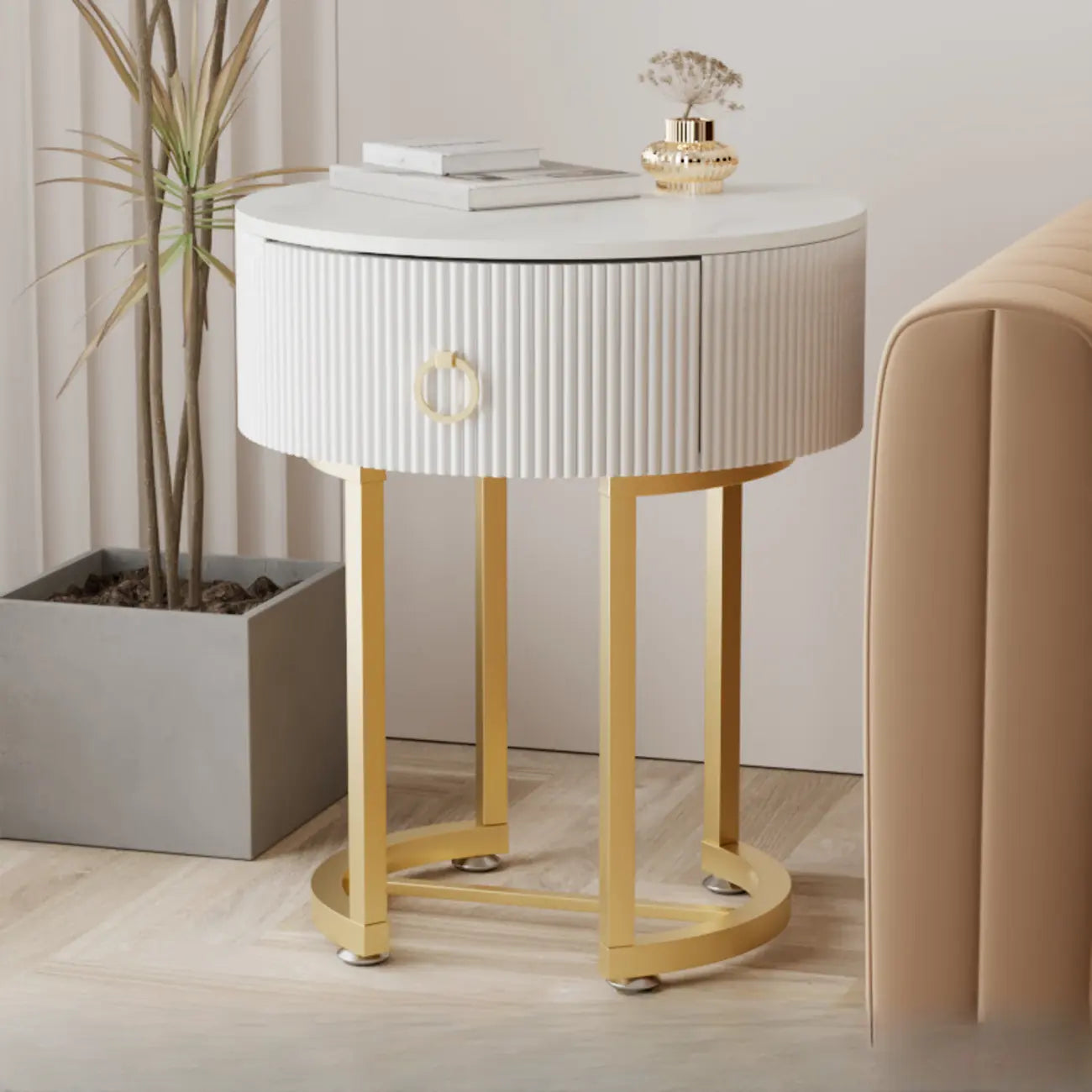 Modern Round Marble End Table with Storage and Metal Legs