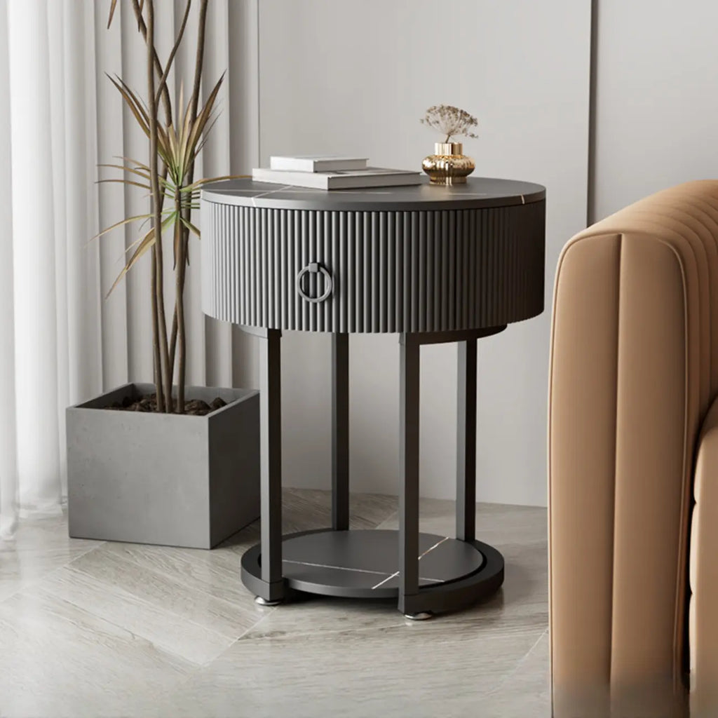 Modern Round Marble End Table with Storage and Metal Legs