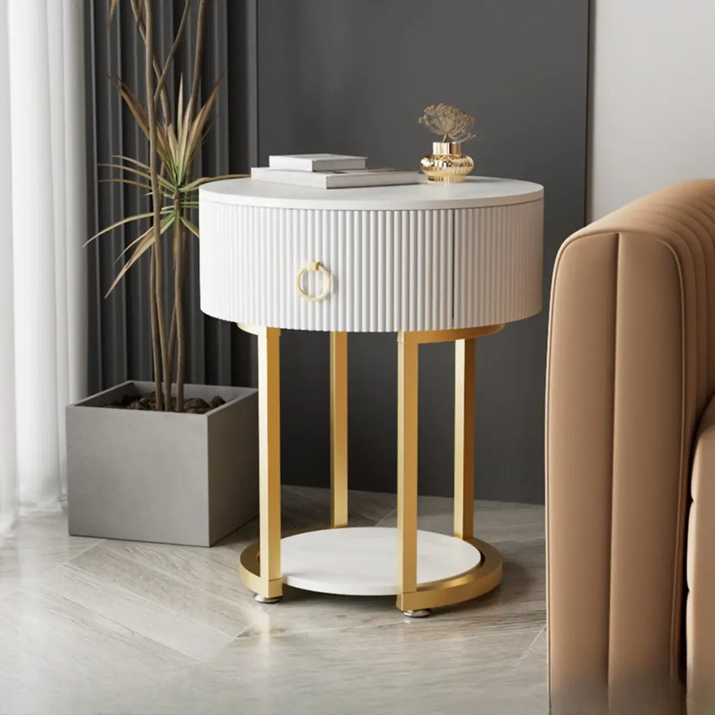 Modern Round Marble End Table with Storage and Metal Legs