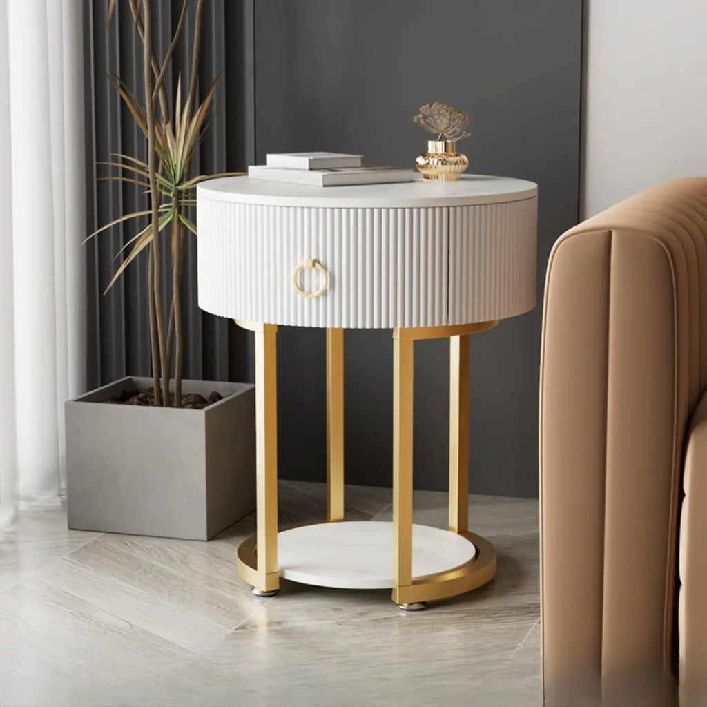 Modern Round Marble End Table with Storage and Metal Legs