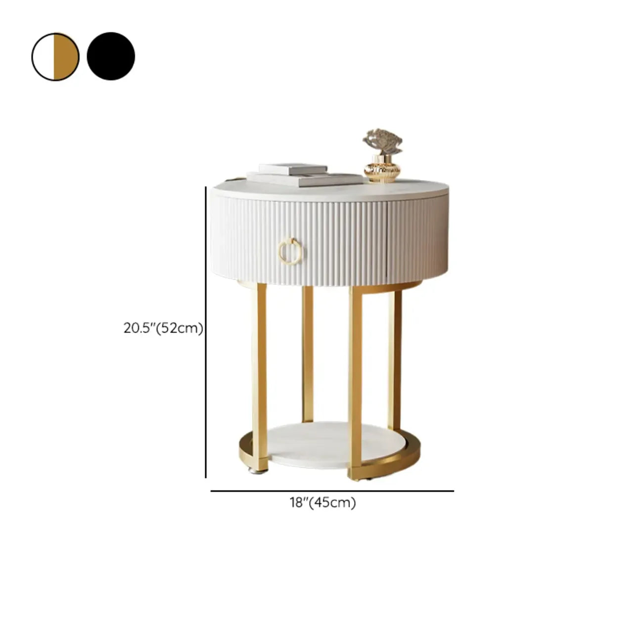 Modern Round Marble End Table with Storage and Metal Legs