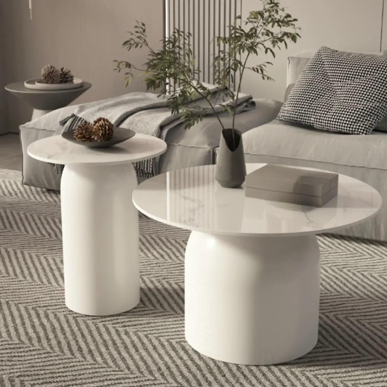 White Minimalist Round Coffee Table with Stone Top