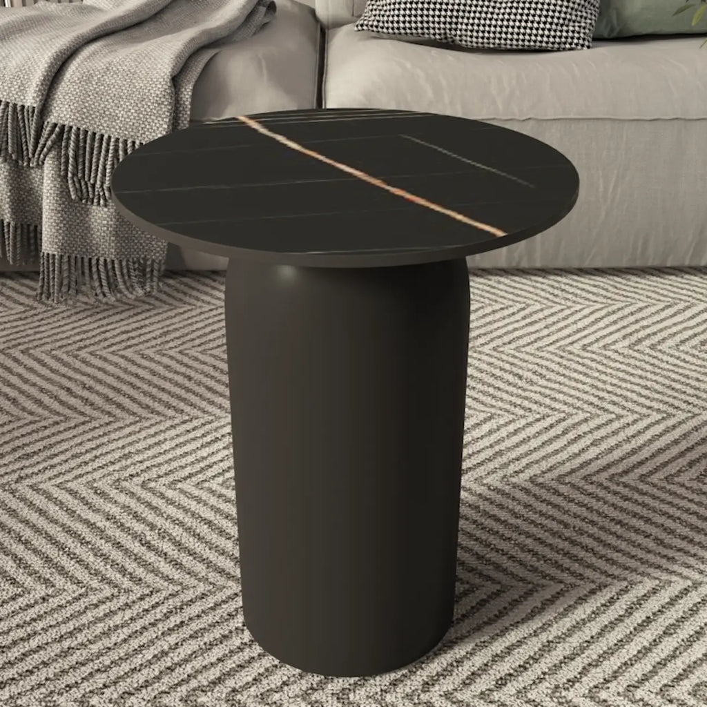 White Minimalist Round Coffee Table with Stone Top