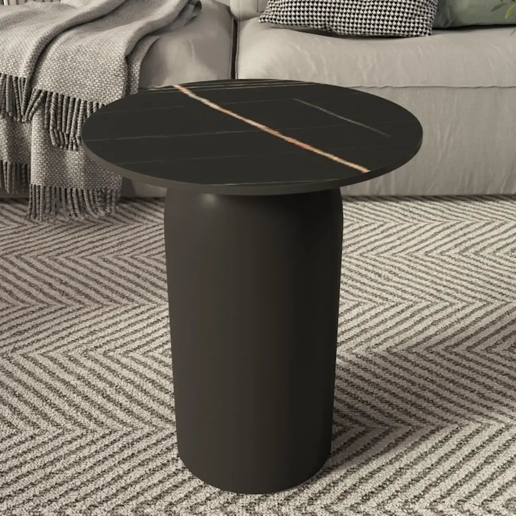 White Minimalist Round Coffee Table with Stone Top