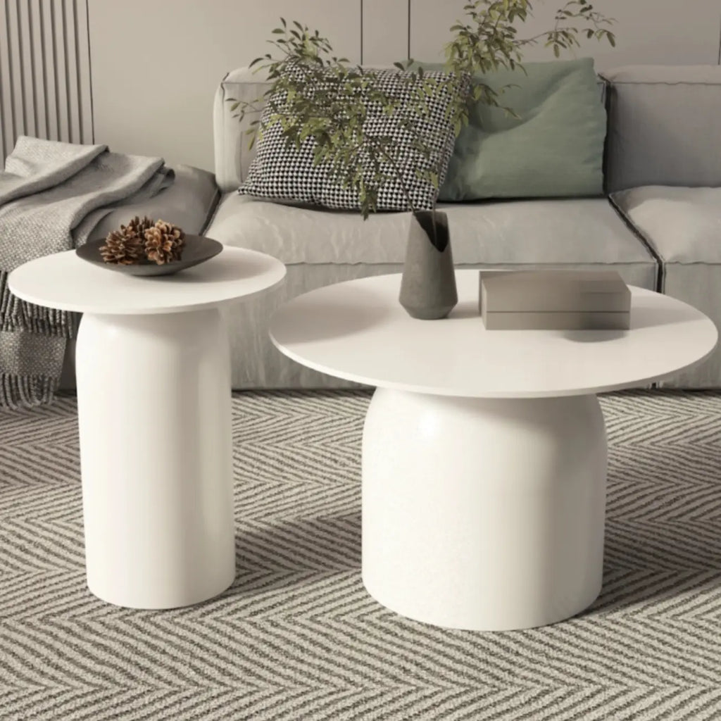 White Minimalist Round Coffee Table with Stone Top