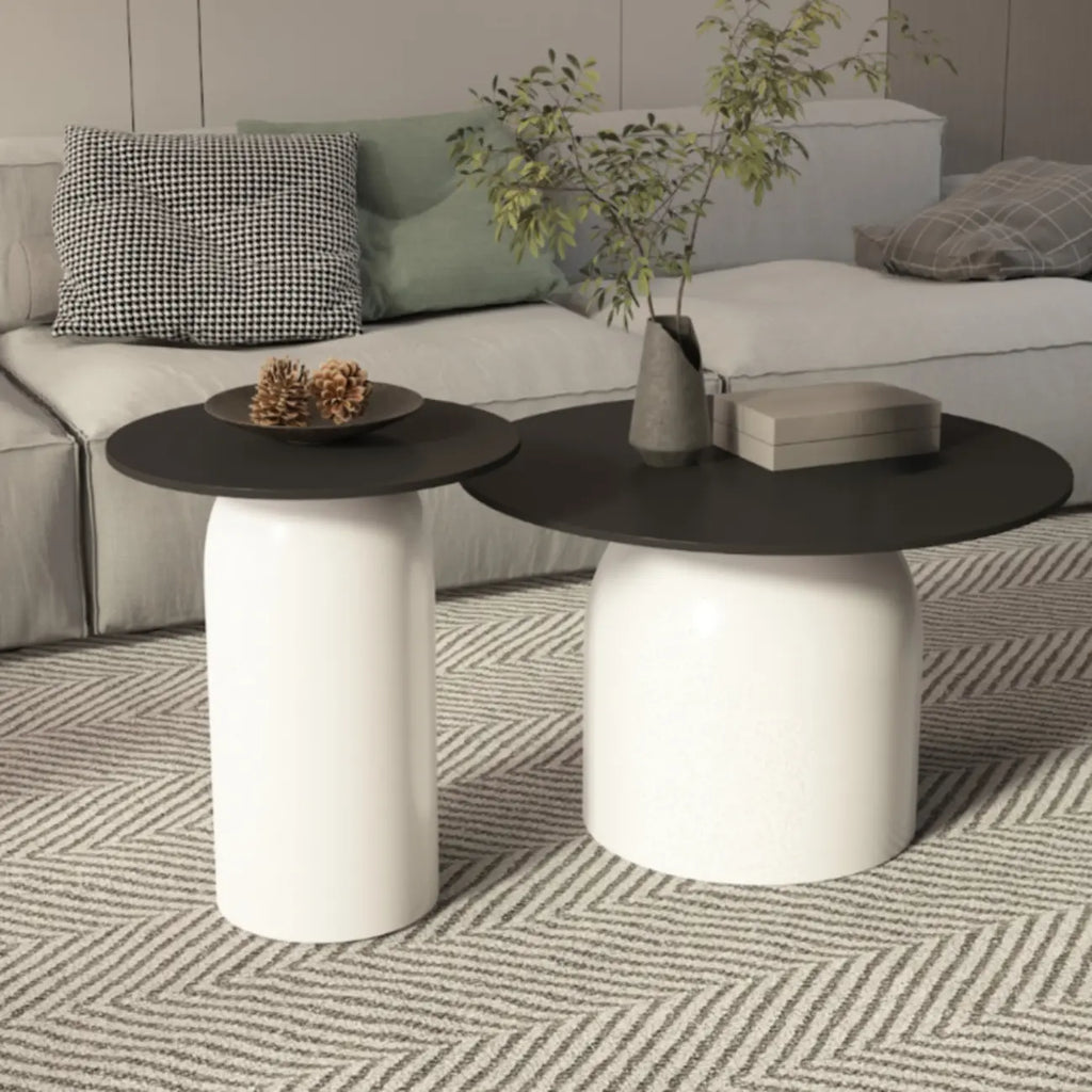White Minimalist Round Coffee Table with Stone Top