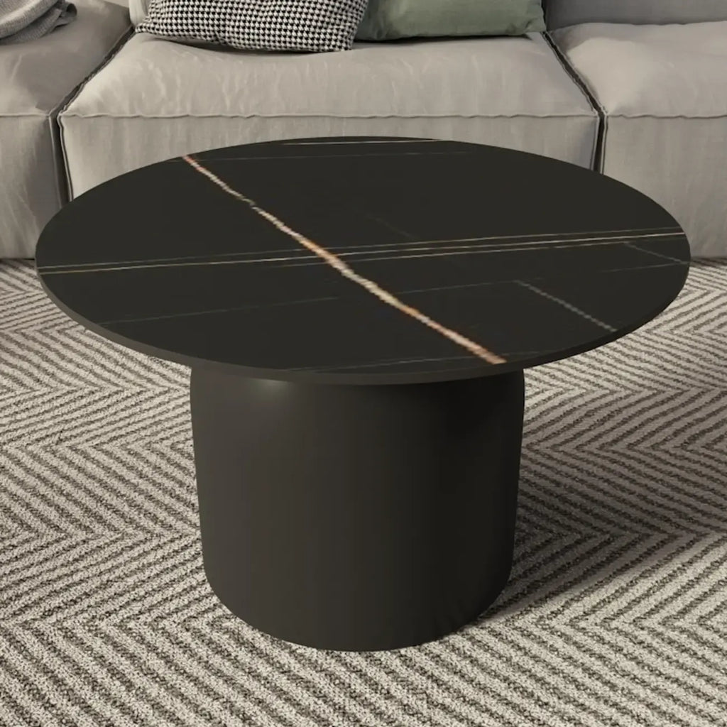 White Minimalist Round Coffee Table with Stone Top