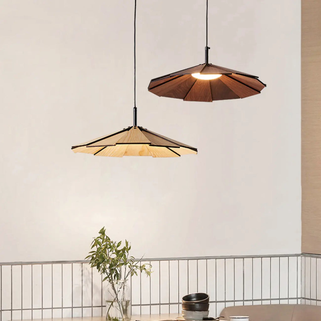 Classic Round Wooden Pendant Light with Shade for Home