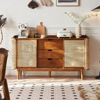 Freestanding Brown Rattan Wood Sideboard with Storage