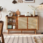 Freestanding Brown Rattan Wood Sideboard with Storage