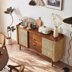Freestanding Brown Rattan Wood Sideboard with Storage
