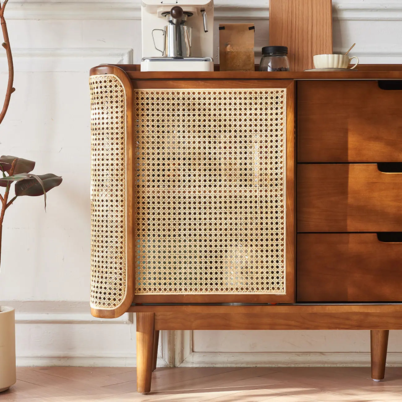 Freestanding Brown Rattan Wood Sideboard with Storage