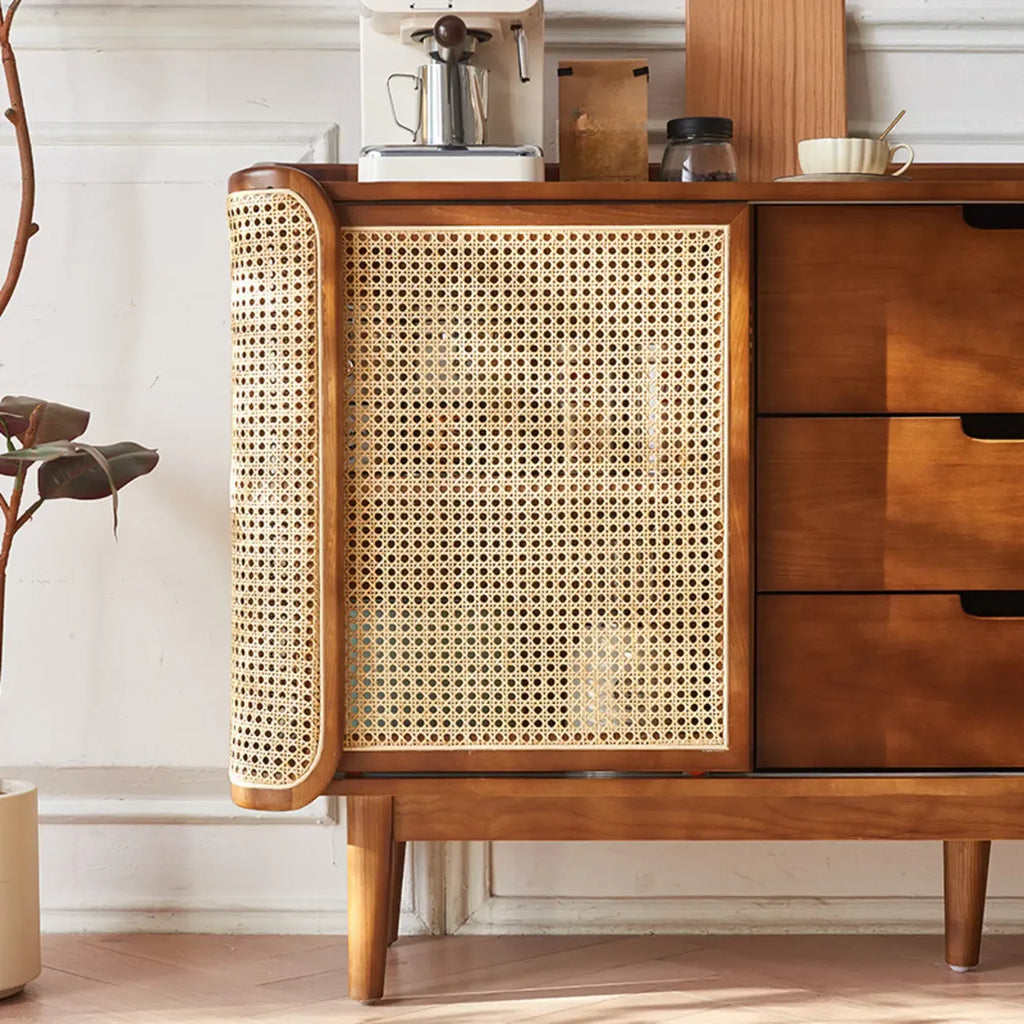 Freestanding Brown Rattan Wood Sideboard with Storage