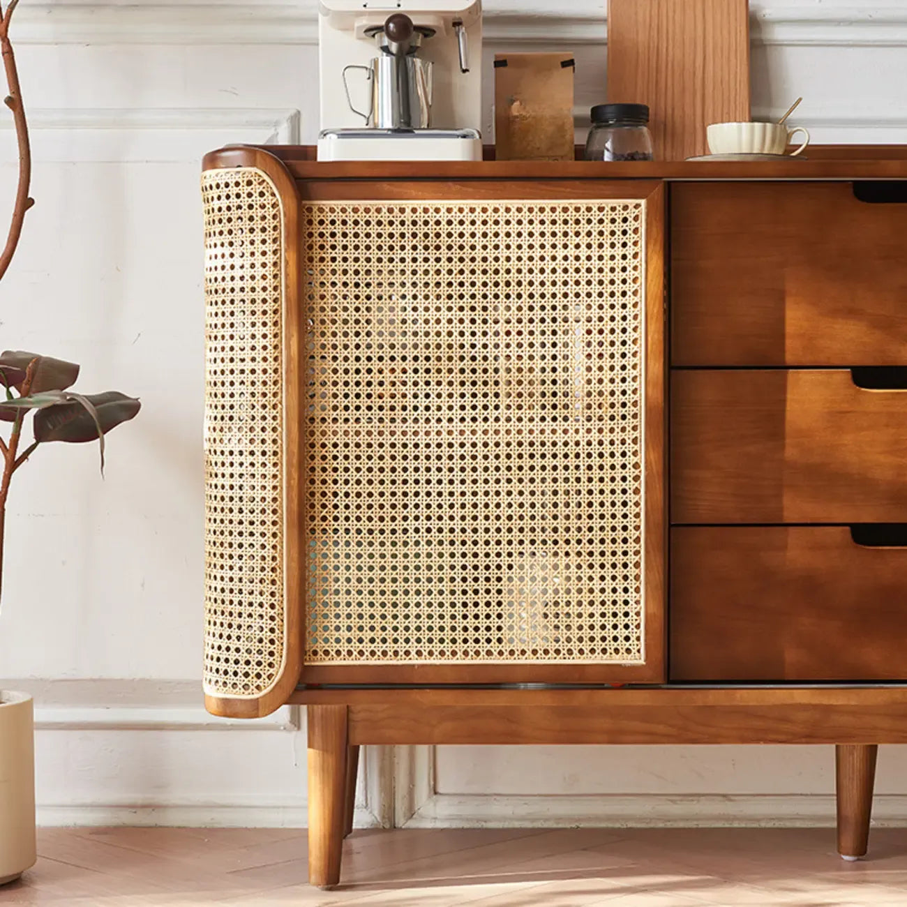 Freestanding Brown Rattan Wood Sideboard with Storage