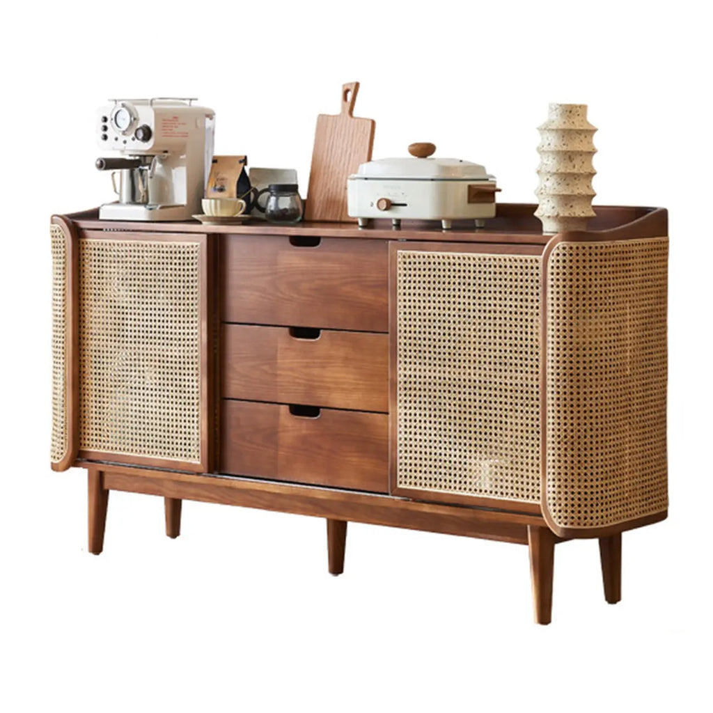 Freestanding Brown Rattan Wood Sideboard with Storage