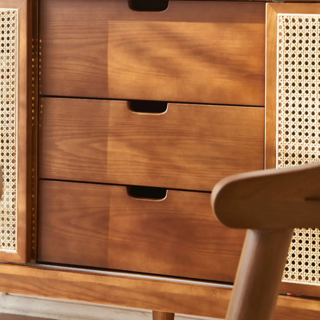 Freestanding Brown Rattan Wood Sideboard with Storage