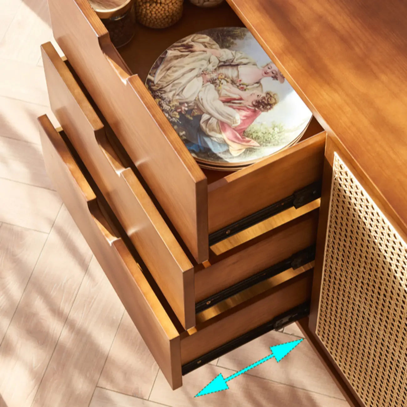 Freestanding Brown Rattan Wood Sideboard with Storage