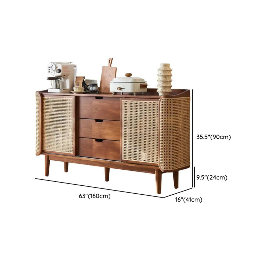 Freestanding Brown Rattan Wood Sideboard with Storage