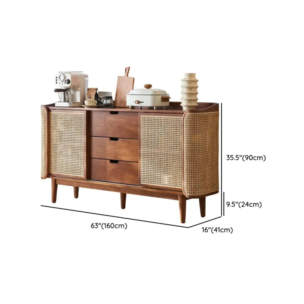Freestanding Brown Rattan Wood Sideboard with Storage