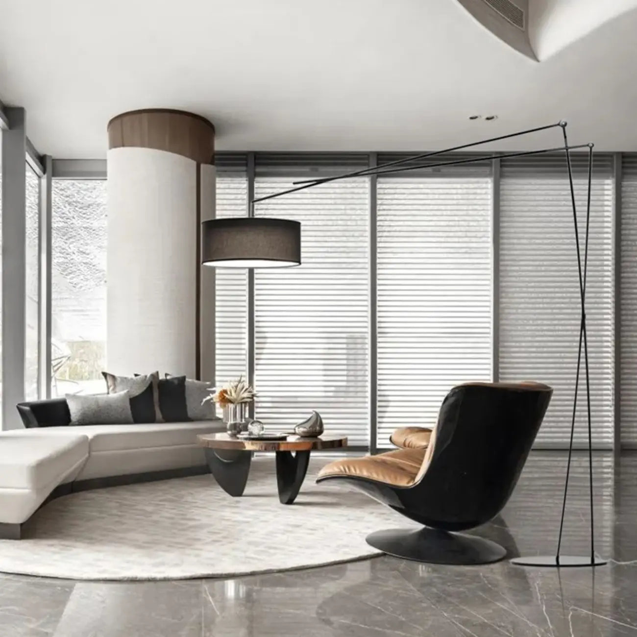 Unique Metal Black Arc Floor Lamp with Drum Fabric Shade