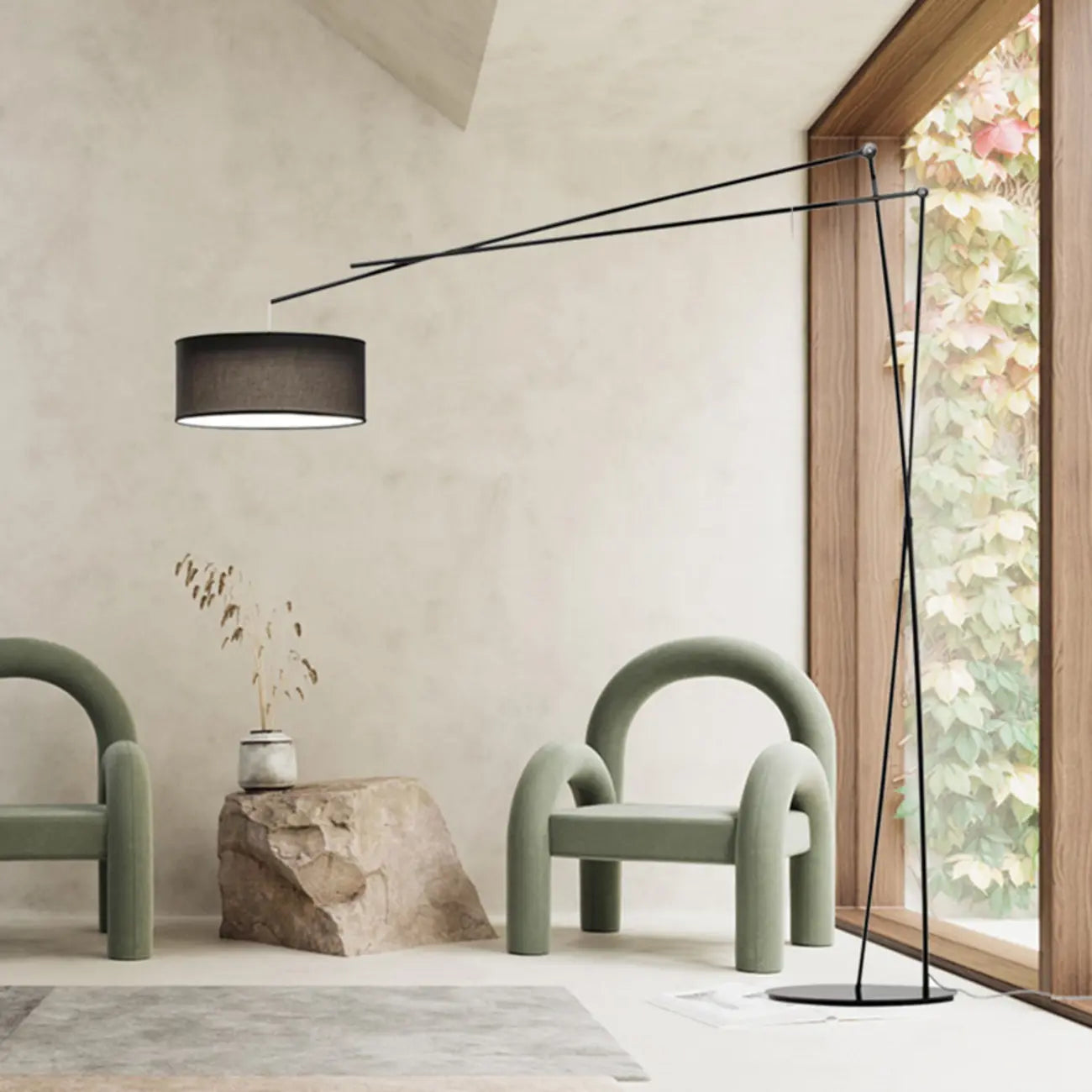 Unique Metal Black Arc Floor Lamp with Drum Fabric Shade