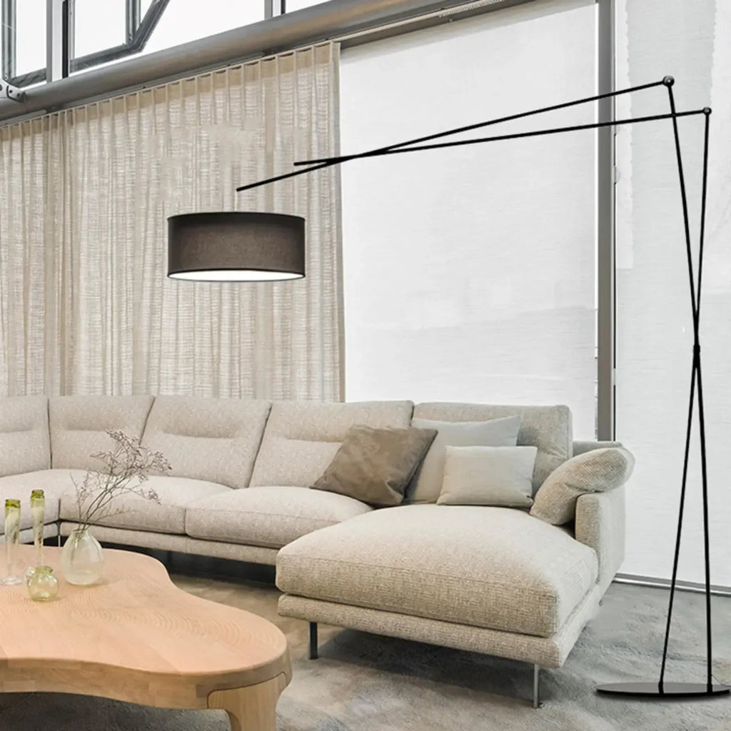 Unique Metal Black Arc Floor Lamp with Drum Fabric Shade