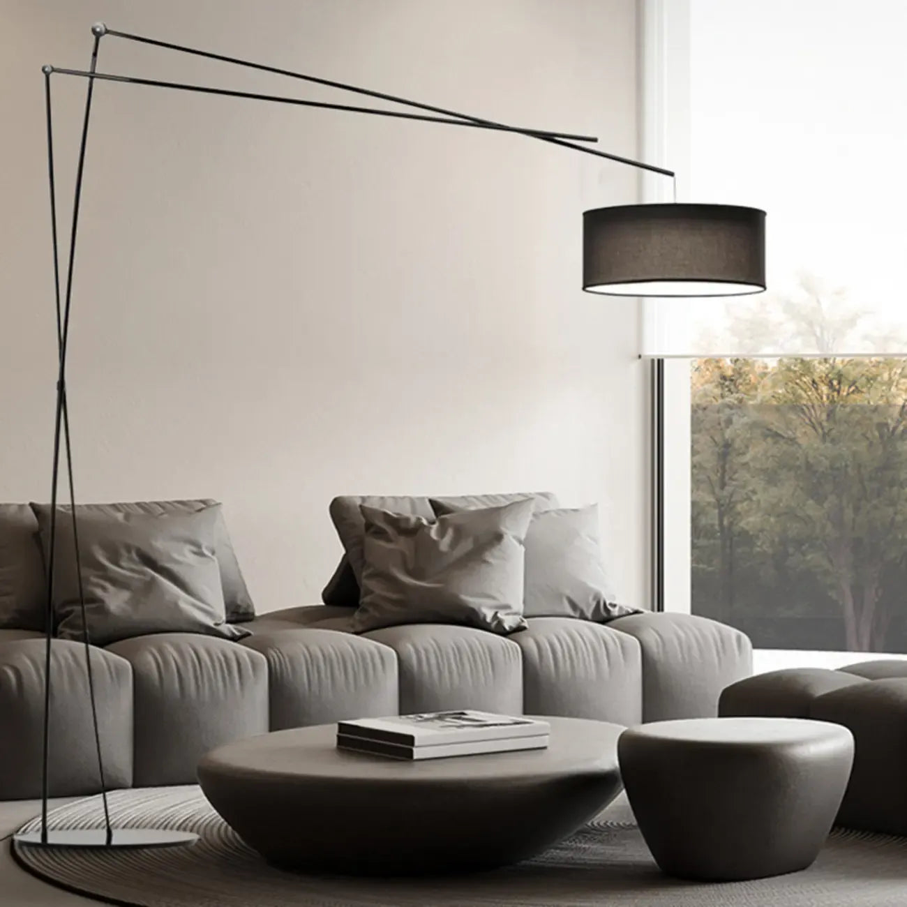 Unique Metal Black Arc Floor Lamp with Drum Fabric Shade