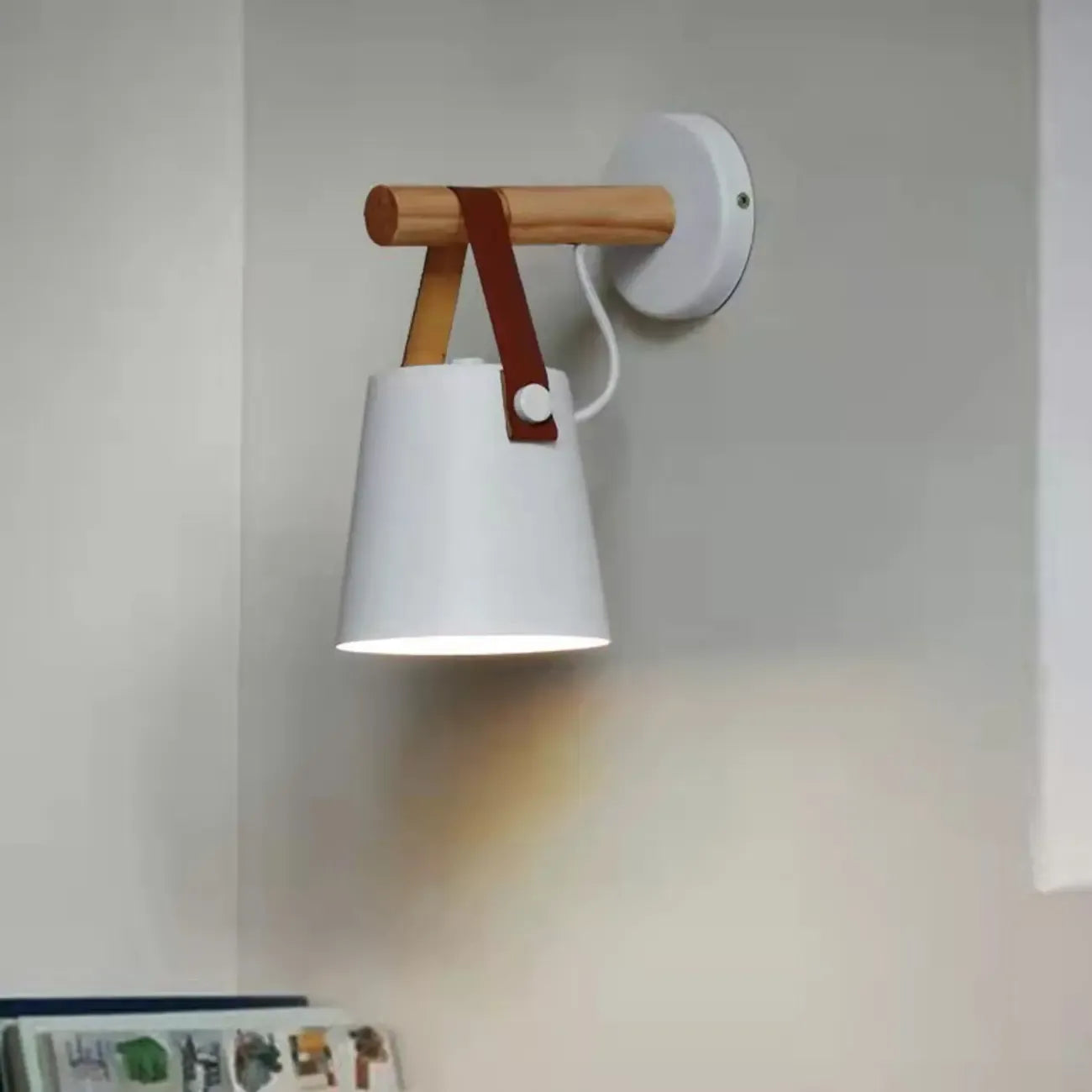 Modern Wall Sconce Wood and Metal with Leather Strap